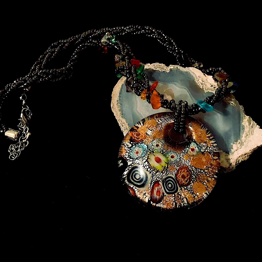 Dichroic Glass Pendant/ Twisted Bead Layered Chain